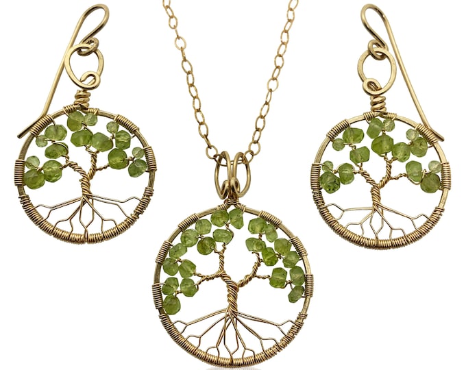 Gold Peridot Tree of Life Jewelry Set August Birthstone for Leo Virgo 1st Anniversary Gift