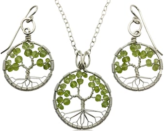 Silver Peridot Tree of Life Jewelry Set August Birthstone for Leo Virgo 16th Anniversary Gift