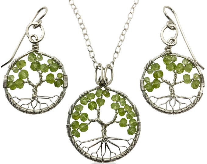 Silver Peridot Tree of Life Jewelry Set August Birthstone for Leo Virgo 16th Anniversary Gift