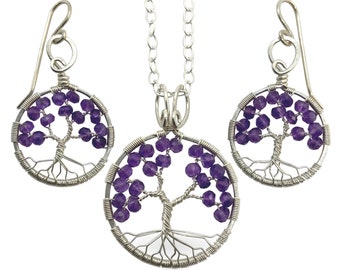 Silver Amethyst Tree-of-Life Jewelry Set for Women February Birthstone 6th Anniversary Gift Aquarius Pisces
