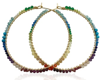 Large 3" Gold Mixed Gemstone Hoop Earrings for Women, Garnet, Ruby, Amethyst, Peridot, Topaz Anniversary Birthstone Gift