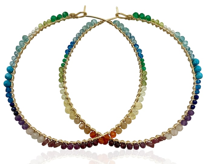 Large 3" Gold Mixed Gemstone Hoop Earrings for Women, Garnet, Ruby, Amethyst, Peridot, Topaz Anniversary Birthstone Gift
