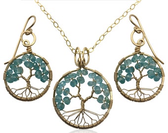 Gold Blue Apatite Tree-of-Life Jewelry Set March Birthstone Pisces Aries 18th & 19th Anniversary Gift