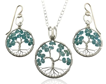 Silver Blue Apatite Tree-of-Life Jewelry Set March Birthstone Pisces Aries 18th & 19th Anniversary Gift