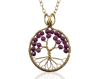 Gold Ruby Tree of Life Pendant Necklace for Women, 40th Anniversary, July Birthstone Gift