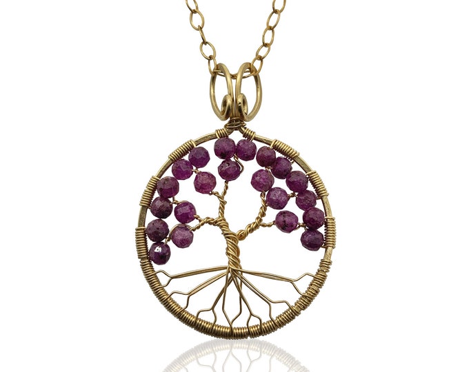 Gold Ruby Tree of Life Pendant Necklace for Women, 40th Anniversary, July Birthstone Gift