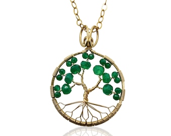 Gold Emerald Green Onyx Tree of Life Pendant May Birthstone for Gemini Taurus