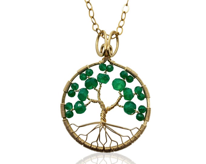 Gold Emerald Green Onyx Tree of Life Pendant May Birthstone for Gemini Taurus