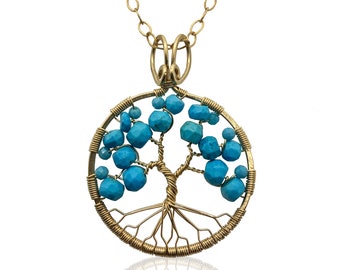 Gold Turquoise Tree of Life Pendant Necklace for Women 11th Anniversary December Birthstone Sagittarius Capricorn Gift