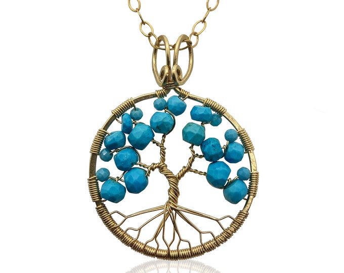 Gold Turquoise Tree of Life Pendant Necklace for Women 11th Anniversary December Birthstone Sagittarius Capricorn Gift