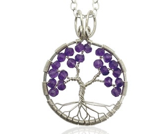 Silver Amethyst Tree Of Life Pendant Necklace, 6th Anniversary, February Birthstone, Aquarius Pisces