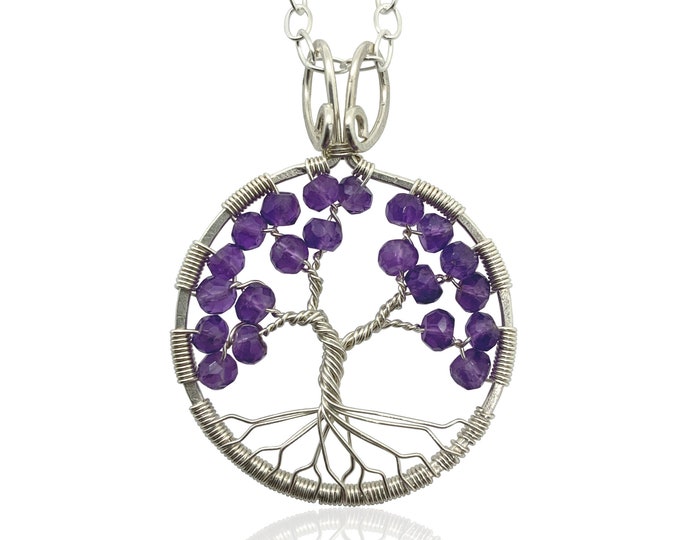 Silver Amethyst Tree Of Life Pendant Necklace, 6th Anniversary, February Birthstone, Aquarius Pisces
