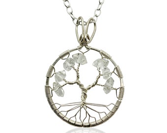Herkimer Diamond Tree-Of-Life Necklace Sterling Silver April Birthstone