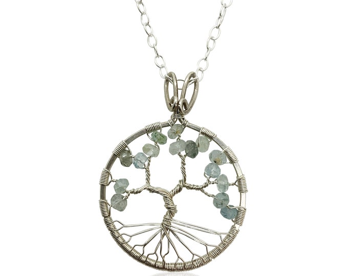 Large Silver Aquamarine Charm Necklace for Women 24" Chain Pisces Aries 19th Anniversary Gift