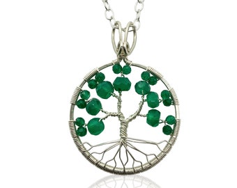 Silver Emerald Green Onyx Tree of Life Pendant May Birthstone for Gemini Taurus