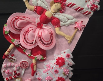 Handgemaakte Sugar Plum Fairy Dreams-kerstsok, roze en rode vilten kous bucilla, 18"