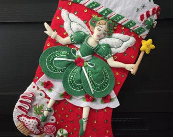 Handgemaakte Sugar Plum Fairy Dreams-kerstsok, roodgroen vilten bucilla, 18"