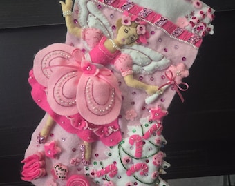 Handgemaakte Sugar Plum Fairy-kerstsok, roze vilten bucilla, 18"