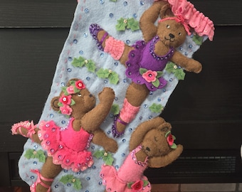 Handgemaakte Bucilla-kerstsok: balletberen, roze en paars, 18 inch