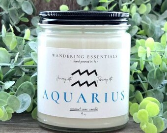 Vela del zodiaco ACUARIO / Vela perfumada de cera de coco / Aroma a lavanda y limoncillo / Sin parafina / Ecológica / Vertida a mano