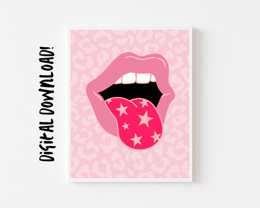 Pink Lips Wall Art Print Mouth, Tongue, Lips, Stars, Dorm Room, Pink ...