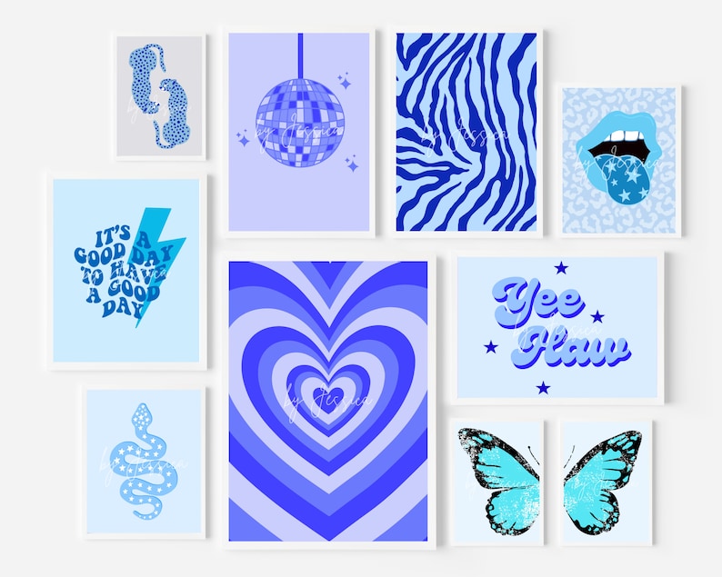 Blue Wall Decor Preppy Room Art Set of 10 Blue Wall Collage Etsy