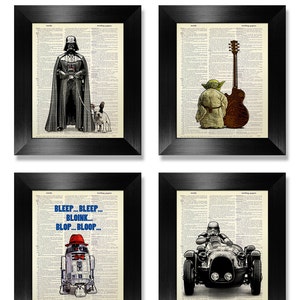 May include: Set of four framed prints featuring characters from Star Wars. The prints are on a white background with black text. The first print features Darth Vader walking a dog. The second print features Yoda standing next to a guitar. The third print features R2-D2 with the text "Bleep... Bleep... Bloink... Blop... Bloop..." The fourth print features a Stormtrooper driving a car.