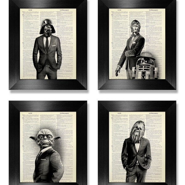 Ensemble d’impressions d’art mural de bureau, ensemble d’impressions d’art Star Wars, ensemble d’impressions d’art de dictionnaire de 4 impressions, cadeau d’homme cool pour cadeau de petit ami, affiche de film