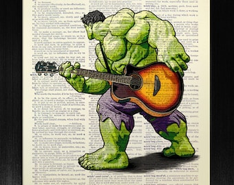 HULK and Guitar, Music Art Print, Retro Movie Poster, Musician GIFT Man Boyfriend, SUPERHERO Wall Art, Marvel Comic Book Art, Avengers Decor