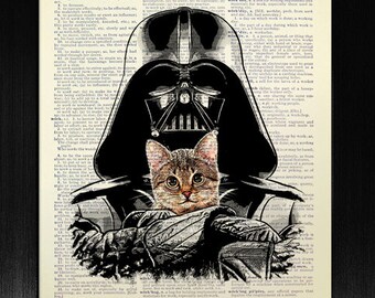 Impresión de arte del DICCIONARIO de gatos en papel de diccionario, impresión de arte animal, póster de STAR WARS, regalo de hombre genial, arte de la pared del dormitorio, Darth Vader y decoración de la pared del gato