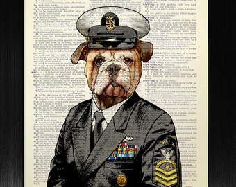 Funny LIVING Room Decor, Dog Lover GIFT for Boyfriend, Dog Illustration, Book Art Print, BOOK Page Art, Admiral English Bulldog Art Poster
