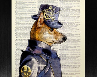 STEAMPUNK ART PRINT, Steampunk Dog Decor, Steampunk Decor, Dog Art Print on Dictionary Paper, Dog Wall Art Poster, Cool Man Gift Dog Clothes