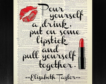 Bedroom QUOTE POSTER Wall Art Quote Wall Decor Dorm Girl Room Decor, LIPSTICK Art, Lips Print, Book Page Art, Kiss Poster, Black Red Decor