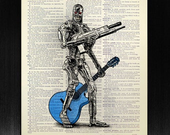 Terminator 2, Music Art, MOVIE Poster, Music Poster, GUITAR Decor, Game Room Decor, Blue Wall Art, Cinema Movie Theater Decor, Cool Man Gift