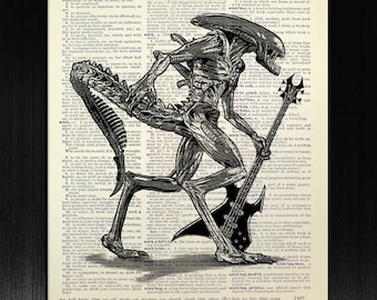 Affiche de film d’horreur extraterrestre, cadeau Cool Man, art mural de bureau, décor de salle de musique, cadeau d’homme UNIQUE, art sombre, œuvre d’art originale Xenomorph n Guitar