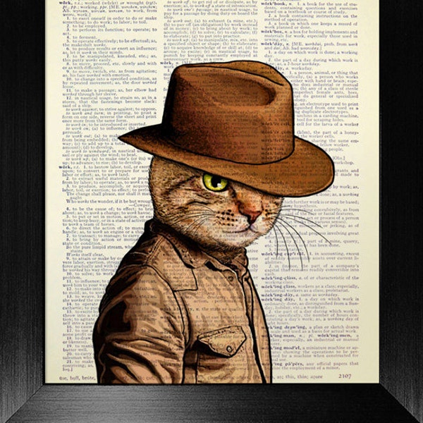 Tabby Cat with Cowboy Hat Art, Tabby Cat Print on BOOK Page Art, Book Page Print, TABBY CAT Wall Art, Tabby Cat Poster, Tabby Cat Wall Decor