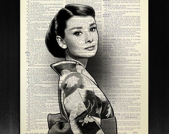 Asian Art, Man Birthday Gift Husband, AUDREY HEPBURN Print, HOLLYWOOD Art Girl Room Decor, Oriental Art, Cute Audrey Hepburn in Japan Style