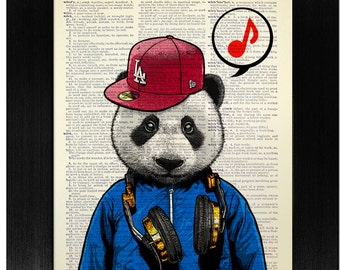 Panda Art, BEAR Print, PANDA Bear Gift, Panda Bear Wall Decor, Panda Gift, Panda Bear Illustration, PANDA Decoration with Headphones Poster