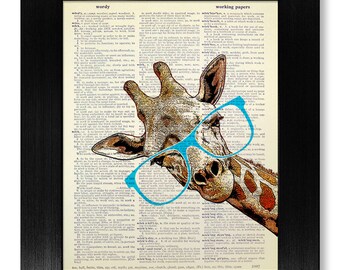 Giraffe Baby Shower GIFT Girl Room Decor, Geeky ANNIVERSARY Gift Man, Unique Baby Gift, GEEKERY Poster, Nerdy Painting Wall Art Blue Glasses