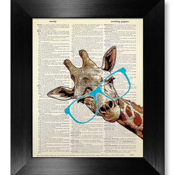 Giraffe Baby Shower GIFT Girl Room Decor, Geeky ANNIVERSARY Gift Man, Unique Baby Gift, GEEKERY Poster, Nerdy Painting Wall Art Blue Glasses