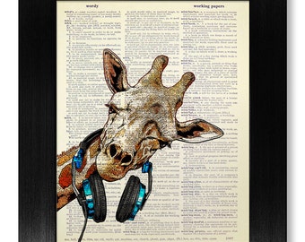Gift BOYFRIEND Gift MUSIC Art Giraffe Print, GIRAFFE Art, College Dorm Room Decor, Teen Wall Art, Animal Lover, Giraffe Painting & Headphone