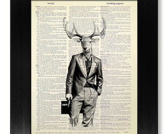 Deer ART Gift, Man Home OFFICE Decor, Stag DEER Wall Art, Cute Deer Illustration, Cool Gentleman Deer Painting Poster Artwork Fun Decoration