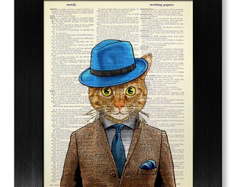 DECORATIVE Art, Cat Wall Hanging, Cat PAINTING, Living Room Decor, Home OFFICE Art, Cat Wall Art, Dorm Wall Decor, Blue, Handsome Tabby Cat