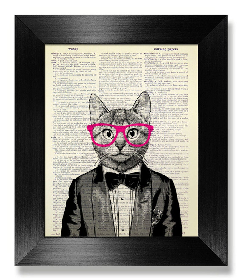 May include: A black and white illustration of a cat wearing a tuxedo, pink glasses, and a bow tie. The image is superimposed on a page from a dictionary with the words "wordy" and "working papers" visible at the top.