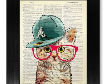 Nerdy Cat Art Print, DICTIONARY Art Print, Dictionary Page Art, HIPSTER Cat Wall Art, GEEKERY Cat Wall Decor, Cat Book Art, Cool Cat Artwork