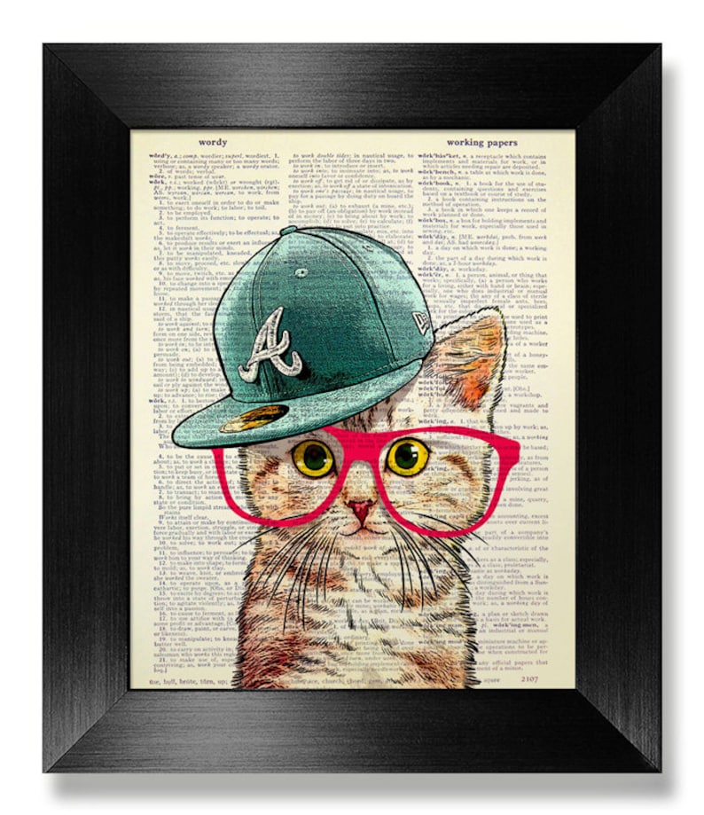 Nerdy Cat Art Print, DICTIONARY Art Print, Dictionary Page Art, HIPSTER Cat Wall Art, GEEKERY