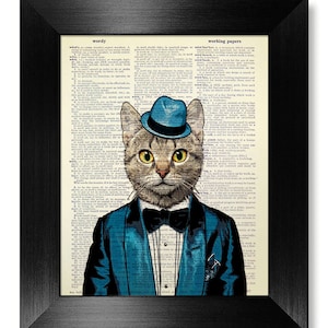 Wedding ANNIVERSARY GIFT Man, Vintage DICTIONARY Art Print, Old Dictionary Page Art, Tabby Cat Wall Art, Cute Cat Wall Decor, Fedora Hat Cat