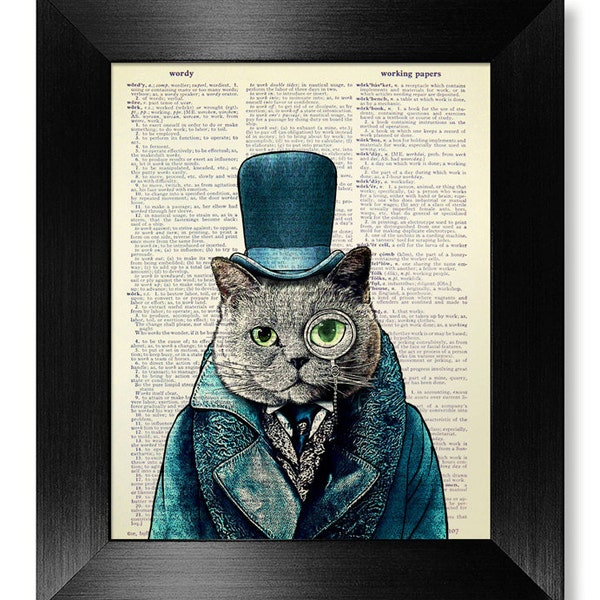 STEAMPUNK Cat Art, Cool Cat PAINTING, DICTIONARY Art Print, Hipster Animal Print Decor, Home Office Wall Art, Monocle cat Green Suit Poster