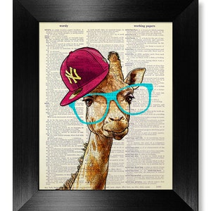 GEEKERY Giraffe Nursery Wall Art Print, College DORM Decor, Teen Boy Room Decor, Geek Gift Man, Blue Glasses, Cap Hat, GIRAFFE Illustration