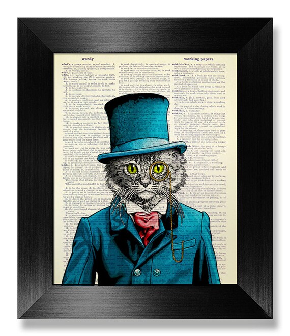 White Cat Art Print on BOOK PAGE Art, Vintage Book Art, Blue Suit Cat Wall Decal, Victorian Man Cat Poster, Gift for CAT Lover Gift Poster